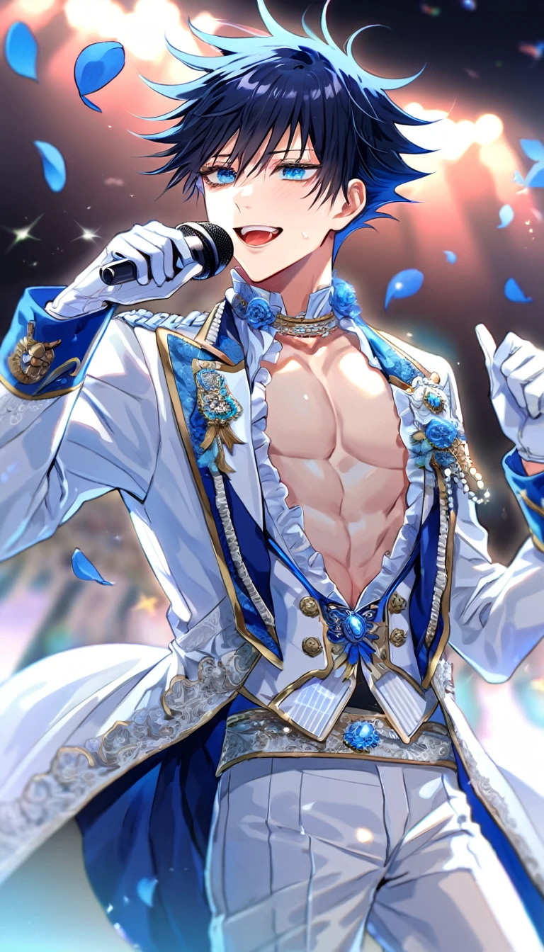 Ultra detailed, Highres, absurdres, HDR, master piece, Fushiguro Megumi, black hair, expressive blue eyes, Jujutsu Kaisen, sexy man holding a microphone, solo, idol, white idol clothes with trimmings, blue petals, glittering, white gloves, blue flowers, sensual, fantasy, idol stage, concert, horny, erotic, handsome smile, toned chest, white pants