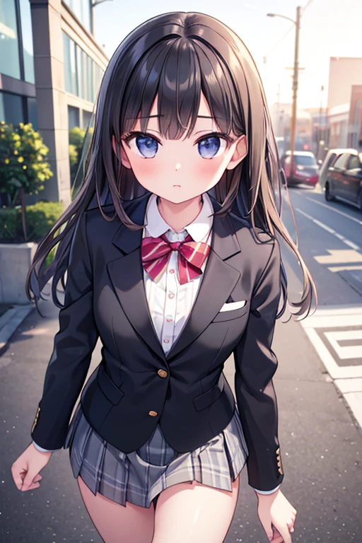 最high quality, masterpiece, 1 girl, Beautiful Face, (Photorealistic photography:1.3), Rim Light, (Skin with attention to detail:1.2), 8k ウルトラHD, Digital SLR, high quality, High resolution, 4K, 8k, Bokeh, (Genuine: 1.3), Small face, cute, Black Formal Blazer, Middle chest, Short skirt,office