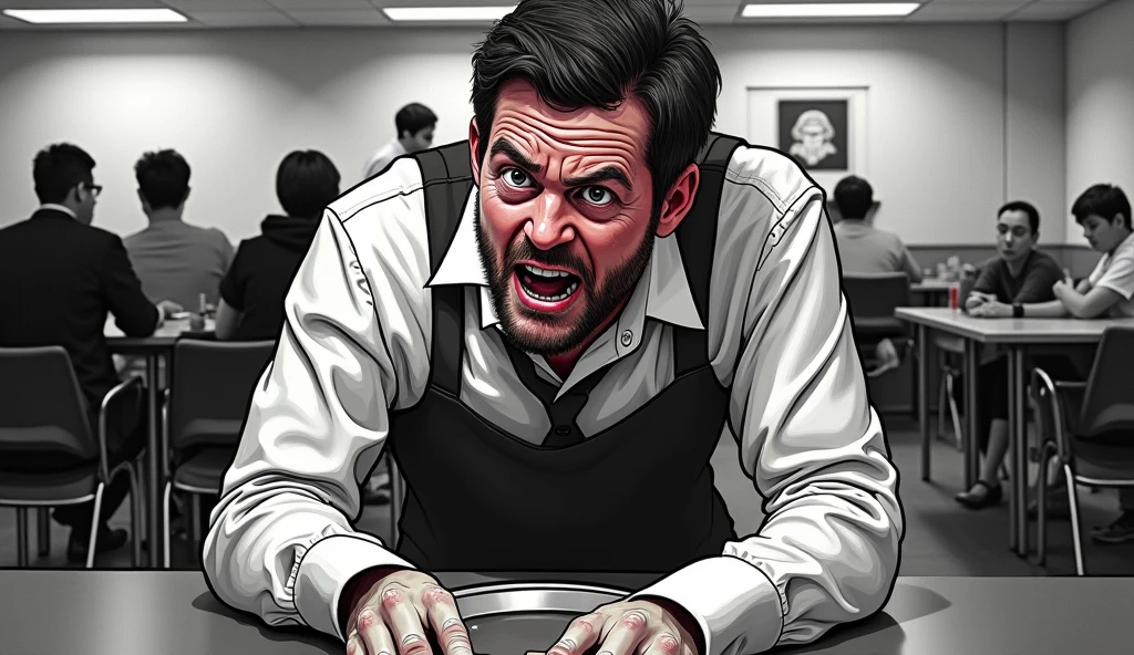 Create a dramatic distorted illustrative image of someone exhausted in close-up in their work environment, who can no longer stand working in his underemployment as a cafeteria attendant. Seated customers catching your attention, the tray fell on the floor, the whole scene in black and white, only the main character in color. a small radial blur in the image highlighting the character.