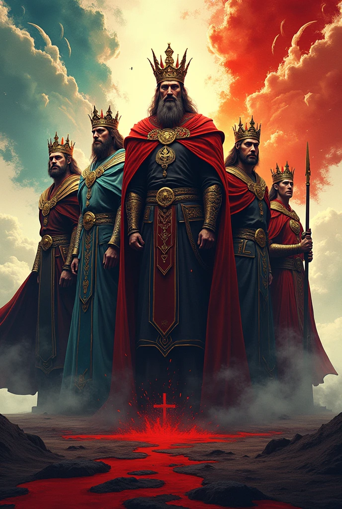 Book cover that says clash of kings and has 7 kings in the background that is 2d style