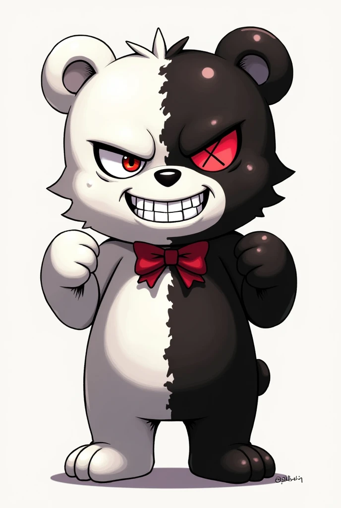 Create an anime-style image of a bear inspired by Monokuma from Danganronpa. The bear should have one half black and the other half white, with a friendly look on one side and a threatening look on the other. Include expressive eyes, with one side showing a smile and the other side having a malicious look with an 'X' in the eye. Add details like a bowtie or ribbon, and keep the color palette simple, using only black, white, and an optional accent color. The style should be true to the exaggerated, stylized design typical of Danganronpa