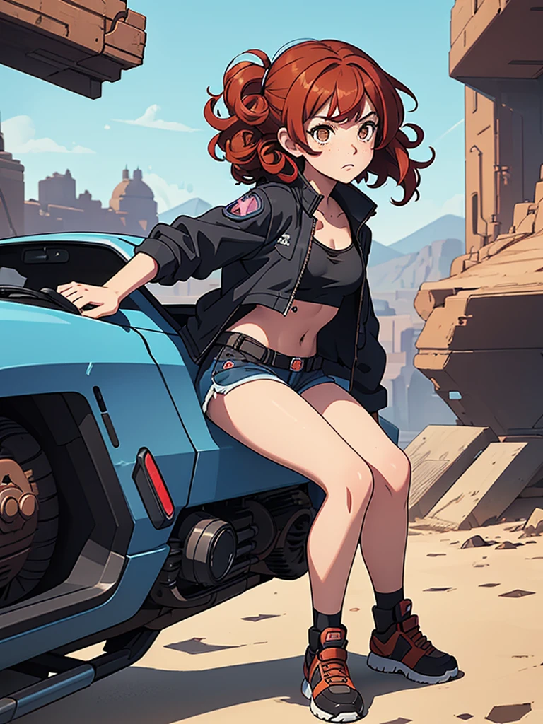 (masterpiece), (best quality), ((one girl)),alone, red hair,((brown eyes)),curly hair, anime style, freckles, (small breast) (petite figure), blue and black cyberpunk jacket, shorts, legs, long T-shirt, ((desert background)) 