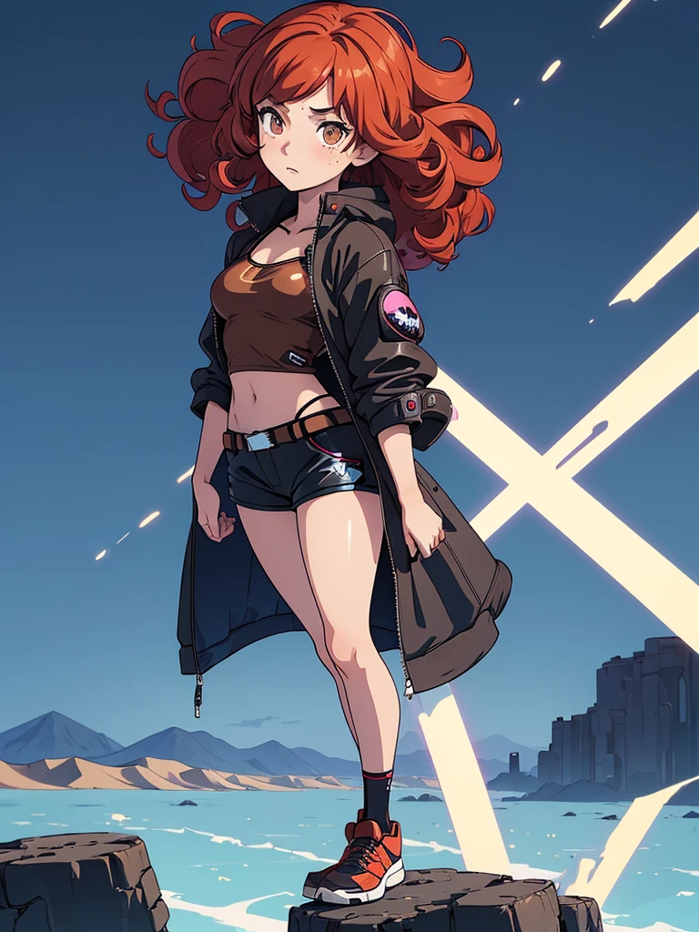 (masterpiece), (best quality), ((one girl)),alone, red hair,((brown eyes)),curly hair, anime style, freckles, (small breast) (petite figure), blue and black cyberpunk jacket, shorts, legs, long T-shirt, ((desert background))