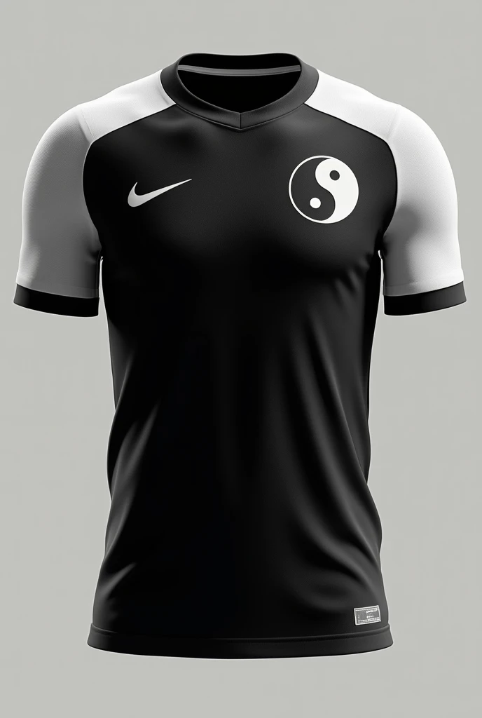 Create an all black football shirt with white sleeves and rings with the yin yang symbol on the left side and the Nike symbol on the right side