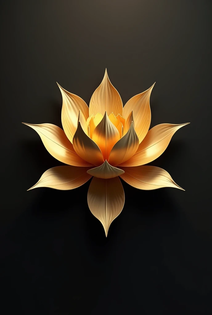 Create a 3D illustration of a golden lotus flower with sharp, symmetrical petals that radiate elegance and strength. The flower should have a reflective metallic finish, with the petals curving slightly upwards, casting soft shadows on a dark, matte background. The design should exude a sense of luxury and minimalism, with intricate detailing on each petal to emphasize its depth and texture. The overall aesthetic should be modern and sophisticated, highlighting the lotus as a symbol of purity and enlightenment."