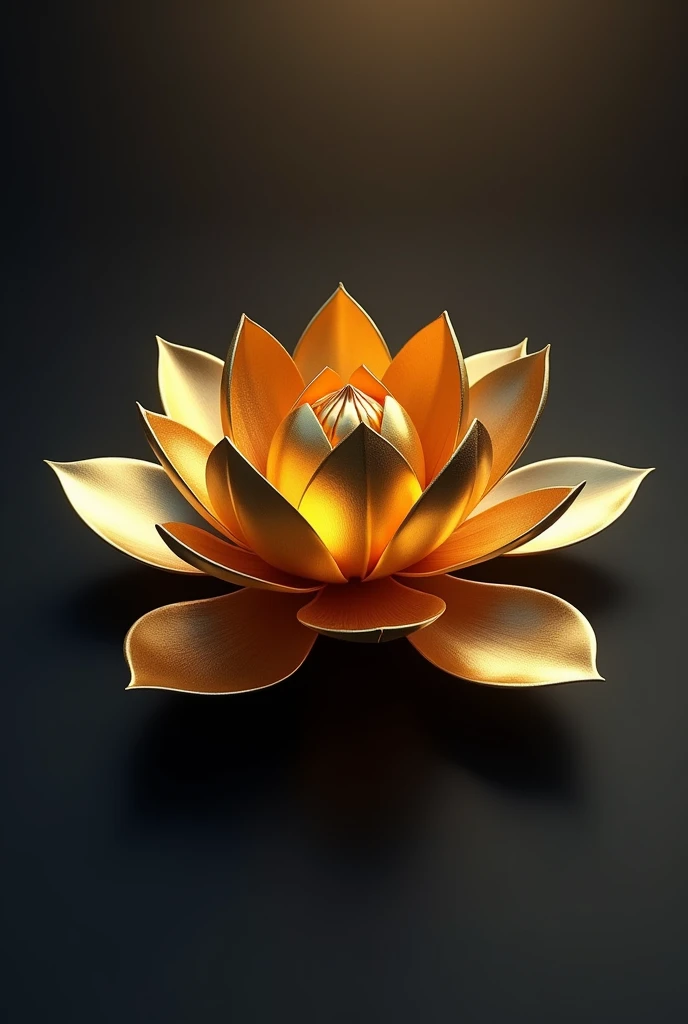 Create a 3D illustration of a golden lotus flower with sharp, symmetrical petals that radiate elegance and strength. The flower should have a reflective metallic finish, with the petals curving slightly upwards, casting soft shadows on a dark, matte background. The design should exude a sense of luxury and minimalism, with intricate detailing on each petal to emphasize its depth and texture. The overall aesthetic should be modern and sophisticated, highlighting the lotus as a symbol of purity and enlightenment."
