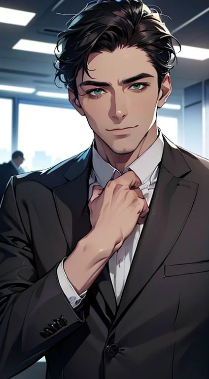 (best quality,4k,8k,highres,masterpiece:1.2),ultra-detailed,(realistic,photorealistic,photo-realistic:1.37),1 man,3,mature man,very handsome,without expression,smile,short grey black hair,green eyes,penetrating gaze,perfect face without errors,imposing posture,businessman,office background,cinematic lighting,hdr image