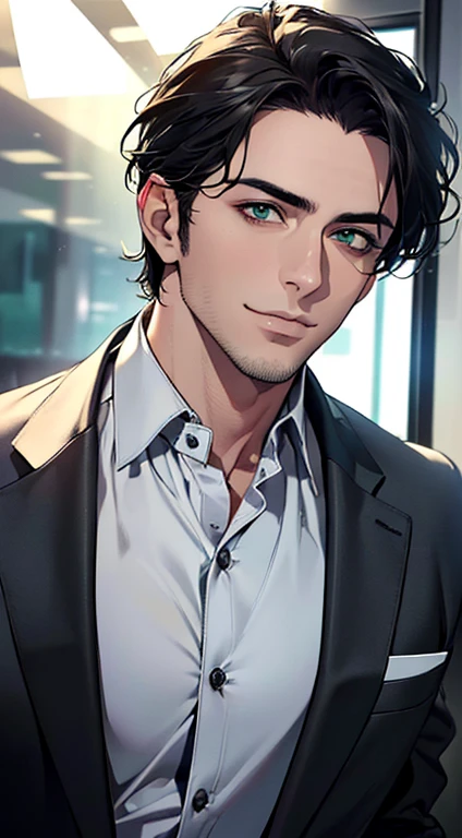 (best quality,4k,8k,highres,masterpiece:1.2),ultra-detailed,(realistic,photorealistic,photo-realistic:1.37),1 man,3,mature man,very handsome,without expression,smile,short grey black hair,green eyes,penetrating gaze,perfect face without errors,imposing posture,businessman,office background,cinematic lighting,hdr image
