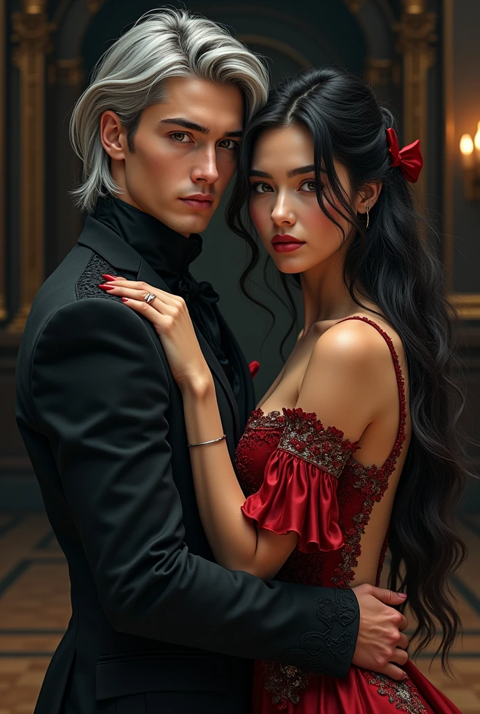 Masterpiece, Superb Fashion, (Fashion Costume), (Illustration), (2 People), Handsome Young Couple, (Russian Mill Style), Fashion, Silver Hair, (Long Hair), (Messy Hair), (White Skin), (Dark Circles), Handsome, Dance Steps, Trend, Dark Gray,, Close Up, (Grand Background), (Chiaroscuro)), Fine Face Details, Facial Details, Cinematic Lighting, (Depth of Field), UHD, (Upper Body), Black Background