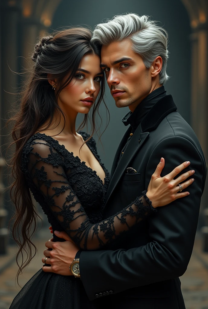 Masterpiece, Superb Fashion, (Fashion Costume), (Illustration), (2 People), Handsome Young Couple, (Russian Mill Style), Fashion, Silver Hair, (Long Hair), (Messy Hair), (White Skin), (Dark Circles), Handsome, Dance Steps, Trend, Dark Gray,, Close Up, (Grand Background), (Chiaroscuro)), Fine Face Details, Facial Details, Cinematic Lighting, (Depth of Field), UHD, (Upper Body), Black Background
