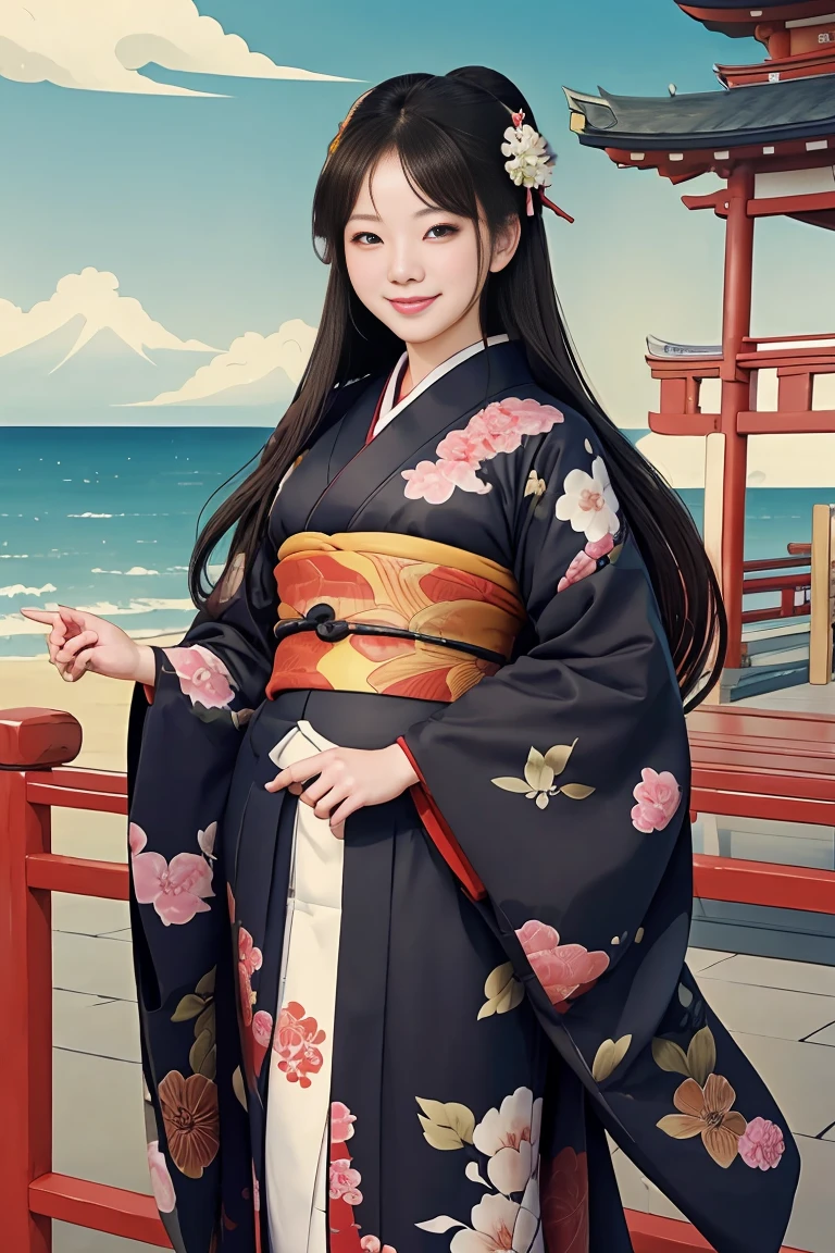 (SeaArt creates stunning illustrations of beautiful women in kimono)、Vividly colored Japanese Ukiyo-e style illustrations、A beautiful woman smiles and shows her upper white teeth、Brown-black long hair、Beautiful full body style、Let's dance a little Tokyo Ondo Yoiyoi、Beautiful new digital paintings,、Bright vibrant digital anime art、 Beautiful anime portraits、background、Torii gate of the Japan shrine、 Detailed digital anime art、