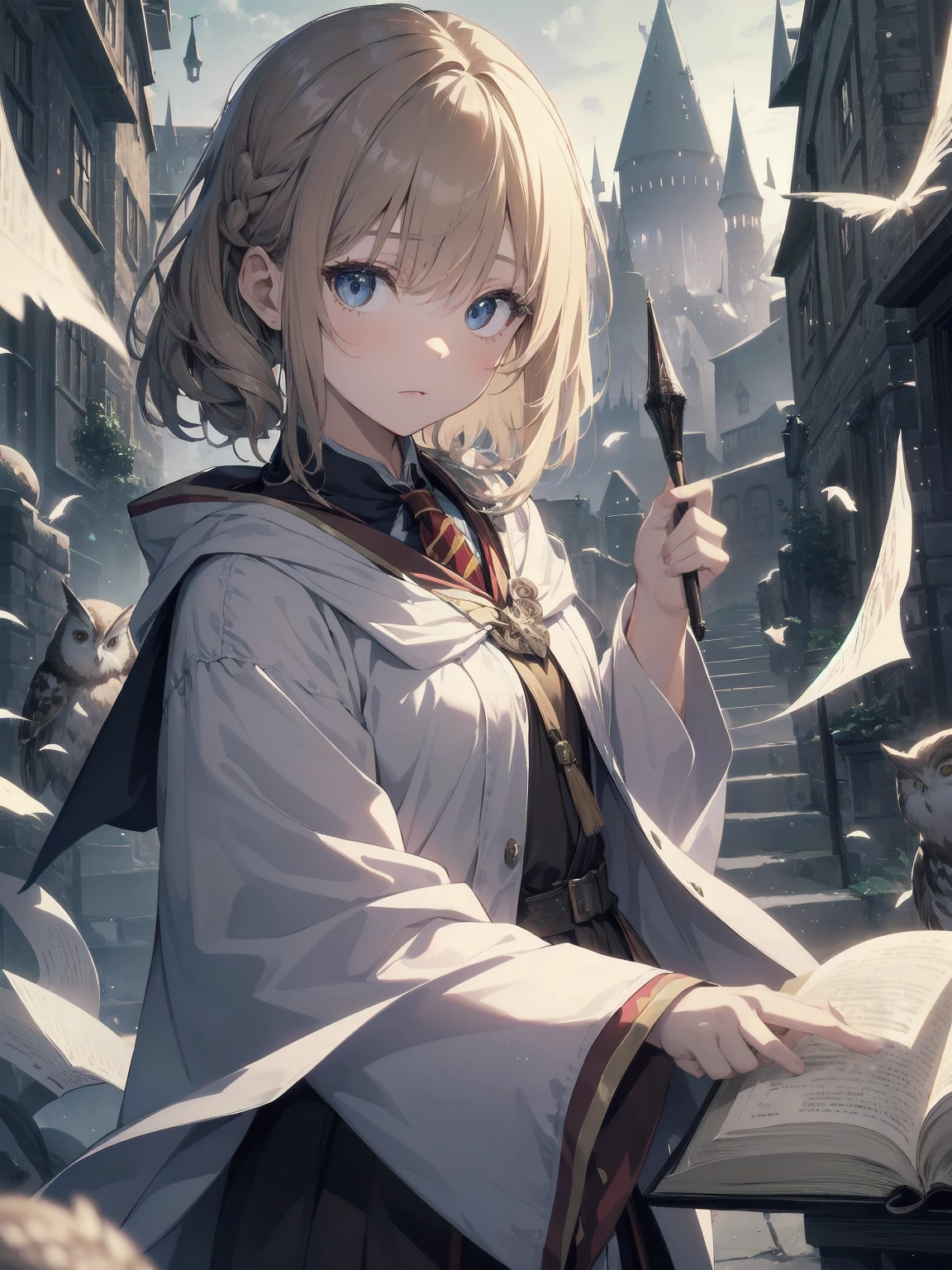 Masterpiece, Top Quality, Absurd, High Resolution, Subject Seismic, Animation Style Illustration with Mock Pause, 1 Girl, Solo, Cute random hairstyle, beautiful random expression and face, random age, slender, random clothing for situation,wizard robes, wand, magical castle, owl, spell book, (Hogwarts: 1.2), magic, wonder, (Harry Potter inspired: 1.3), mysterious atmosphere, details