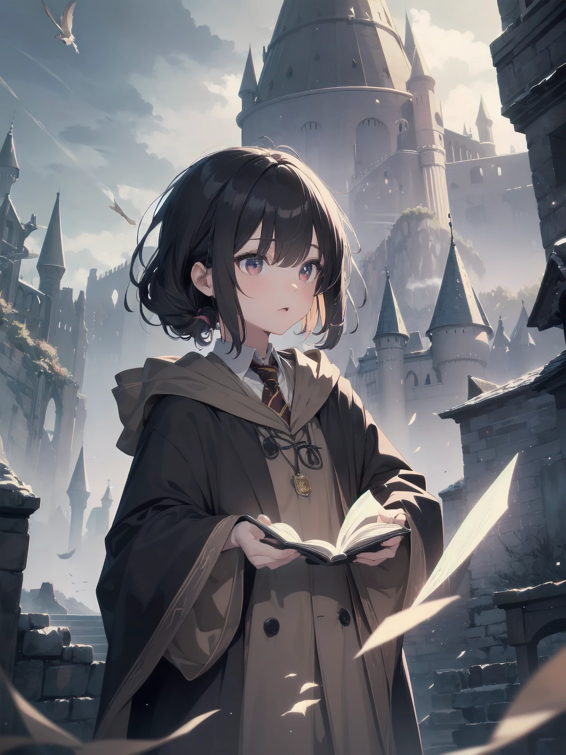 Masterpiece, Top Quality, Absurd, High Resolution, Subject Seismic, Animation Style Illustration with Mock Pause, 1 Girl, Solo, Cute random hairstyle, beautiful random expression and face, random age, slender, random clothing for situation,wizard robes, wand, magical castle, owl, spell book, (Hogwarts: 1.2), magic, wonder, (Harry Potter inspired: 1.3), mysterious atmosphere, details