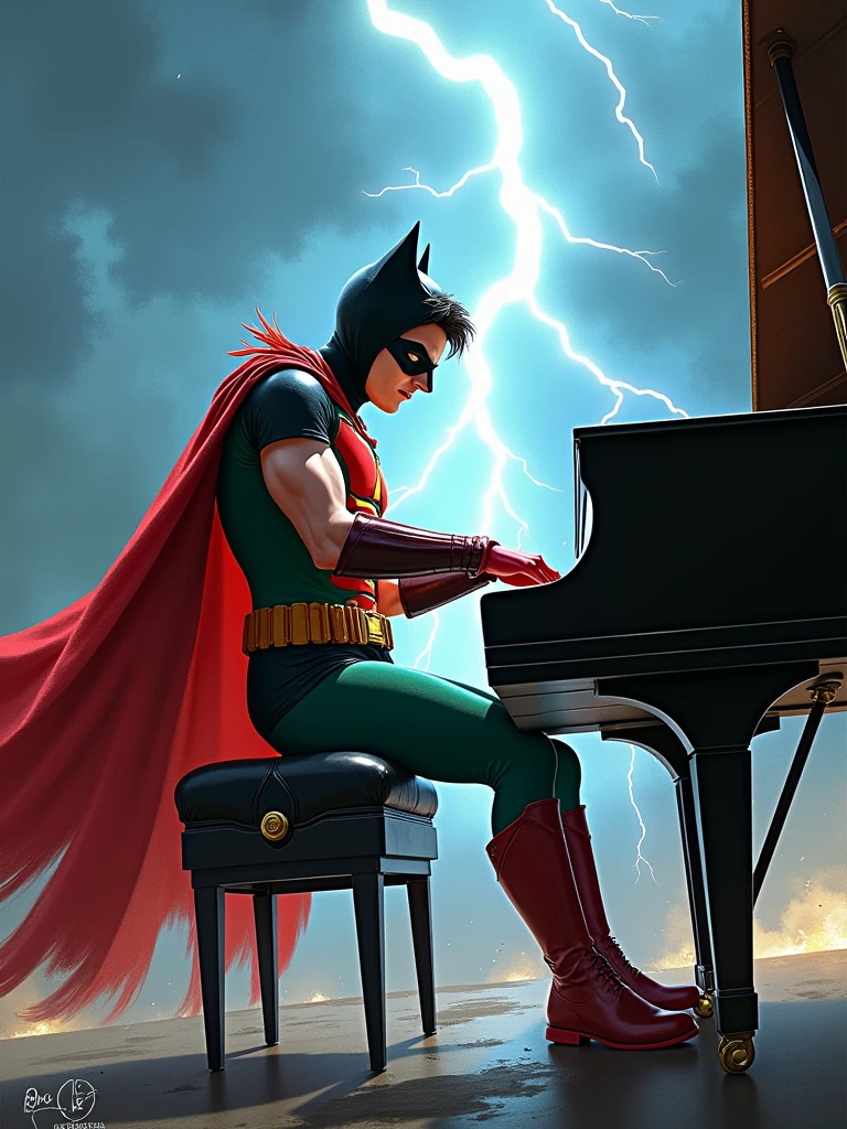 Rock Robin marvel by playing the piano with a thunder background and a very rock vibes.