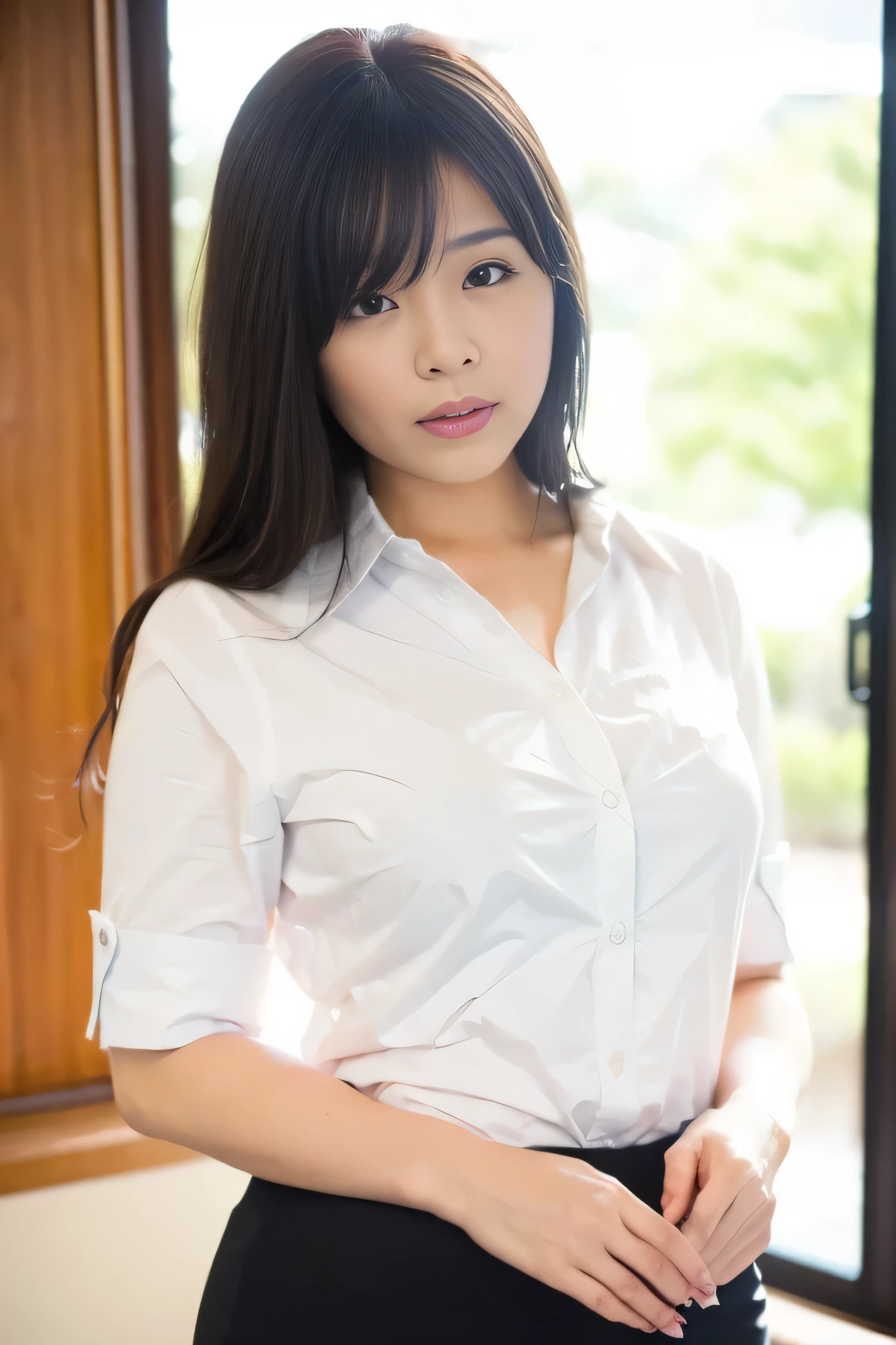 Close up,1 girl{{A beautiful woman wearing a white short-sleeved shirt and a short black pencil skirt}} , striking a sexy pose. with several lecture tables set up behind it There is a sliding glass window. There was evening light streaming into the room.