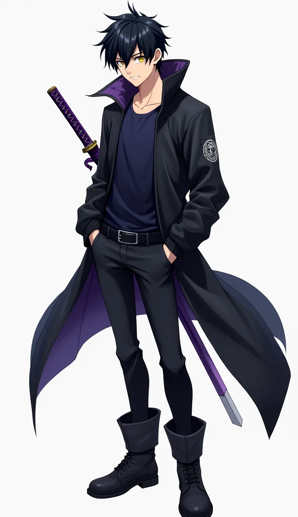 Create an anime style character, male gender with short and slightly spiky black hair with the fringe covering the face a little on the left side and with a giant ponytail, yellow  eyes, eyes large, Men&#39;s black windbreaker jacket with dark blue shirt, black gloves, black pants with men&#39;s black boots, with a purple sheathed katana on his back.