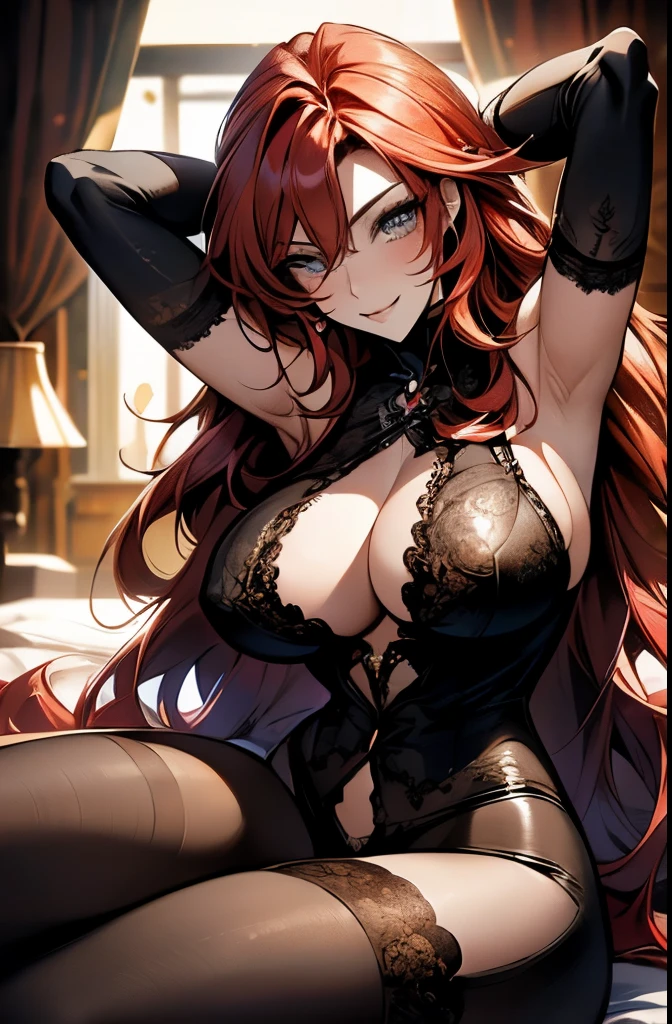 Anime, a glamour shot of a smiling Rias Gremory (extremely long wavy red hair), arms up, enormous , big ass, Sing demurely with her legs crossed on her bed, leaning toward the viewer, cowgirl, with Smokey eyes and knowing smile, sexy reveag lingerie, underboob, side boob, insaneltailed face and eyes, intricate, hyper-detailed bedroom, digital illustration, masterpiece, beautiful eyes, atmospheric lighting, centered, perfect anatomy, glowing eyes, candid portrait, clear, very detailed, smooth, sharp focus, focused on the viewer