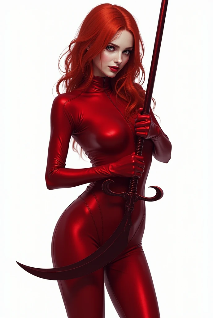 red-haired woman,with a blood red murder outfit ,holding a scythe,white background 