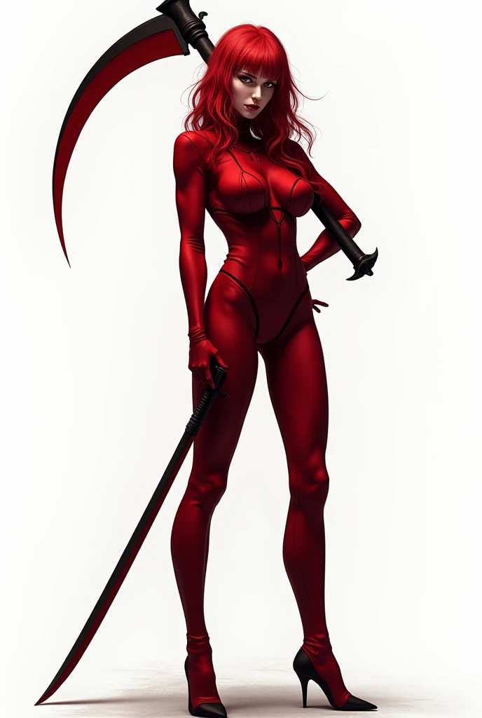 red-haired woman,with a blood red murder outfit ,holding a scythe,white background 