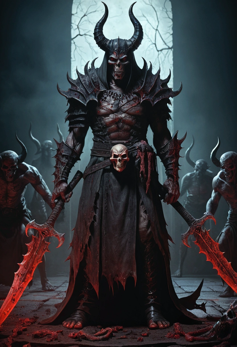 A demonic executioner with a brutal style、Demon world background、Very detailed、Realistic texture、The remains of those executed lie at my feet.、Demons lined up waiting for execution