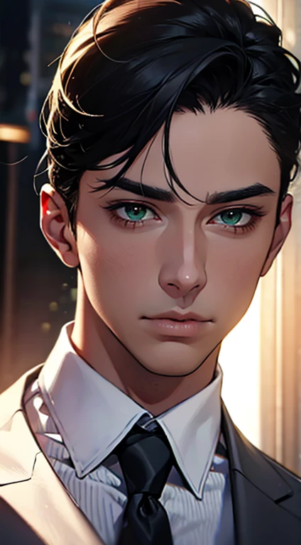 (Highest quality,4K,8K,High resolution,masterpiece:1.2),Super detailed,(Realistic,photoRealistic,photo-Realistic:1.37),1 personld,Mature Men,Beautiful skin、very handsome,Expressionless,Short gray Black hair,green eyes,Sharp Eyes,A perfect face without a doubt,Businessman, CEO, Office Background,Cinema Lighting,HDR image,tie、