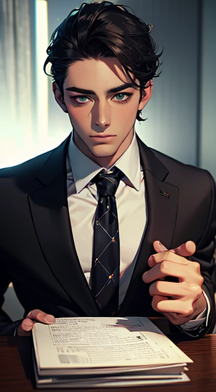 (Highest quality,4K,8K,High resolution,masterpiece:1.2),Super detailed,(Realistic,photoRealistic,photo-Realistic:1.37),1 personld,Mature Men,Beautiful skin、very handsome,Expressionless,Short gray Black hair,green eyes,Sharp Eyes,A perfect face without a doubt,Businessman, CEO, Office Background,Cinema Lighting,HDR image,tie、
