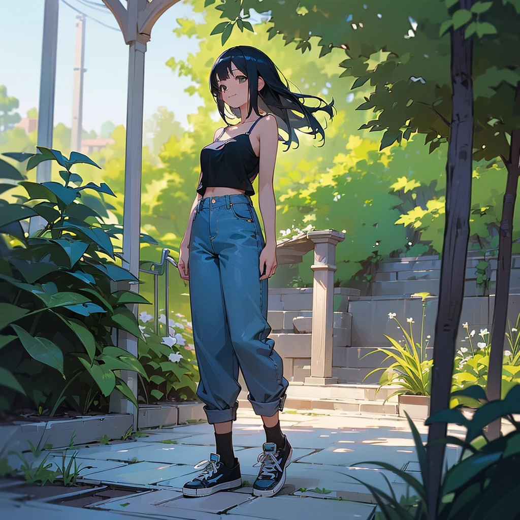 (high quality, High resolution, Very detailed, reality:1.37), Peaceful atmosphere, (Outdoor, garden), Teenage girl standing alone, (my breasts are big.), Beautiful details, Cute Smile, (Black bob hair), camisole, Denim pants, Blue socks, sneakers.