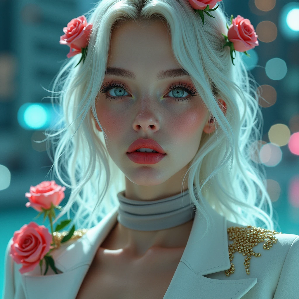 masterpiece, of the highest quality, (Focus only), (perfect face:1.1), (High detail:1.1),dramatic, 1 chico, (Pale skin), by the wide y blanco, white eyes, [light eyebrows], Alone, by the wide, officer, evening, white luxury suit, covered navel, sensual lips, covered, futuristic city, detailed background, Art by Artgerm and Greg Rutkowski, cinematic lighting, rose, fashion, BalenciagaStyle
