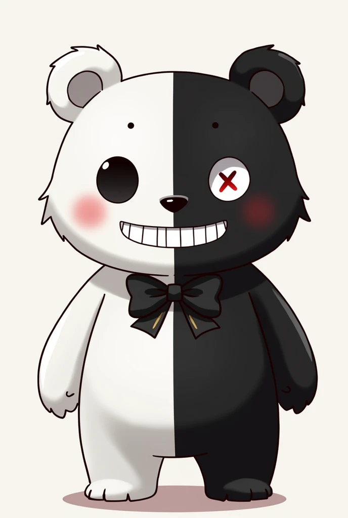 Create an anime-style image of a bear inspired by Monokuma from Danganronpa. The bear should have one half black and the other half white, with a friendly look on one side and a threatening look on the other. Include expressive eyes, with one side showing a smile and the other side having a malicious look with an 'X' in the eye. Add details like a bowtie or ribbon, and keep the color palette simple, using only black, white, and an optional accent color. The style should be true to the exaggerated, stylized design typical of Danganronpa