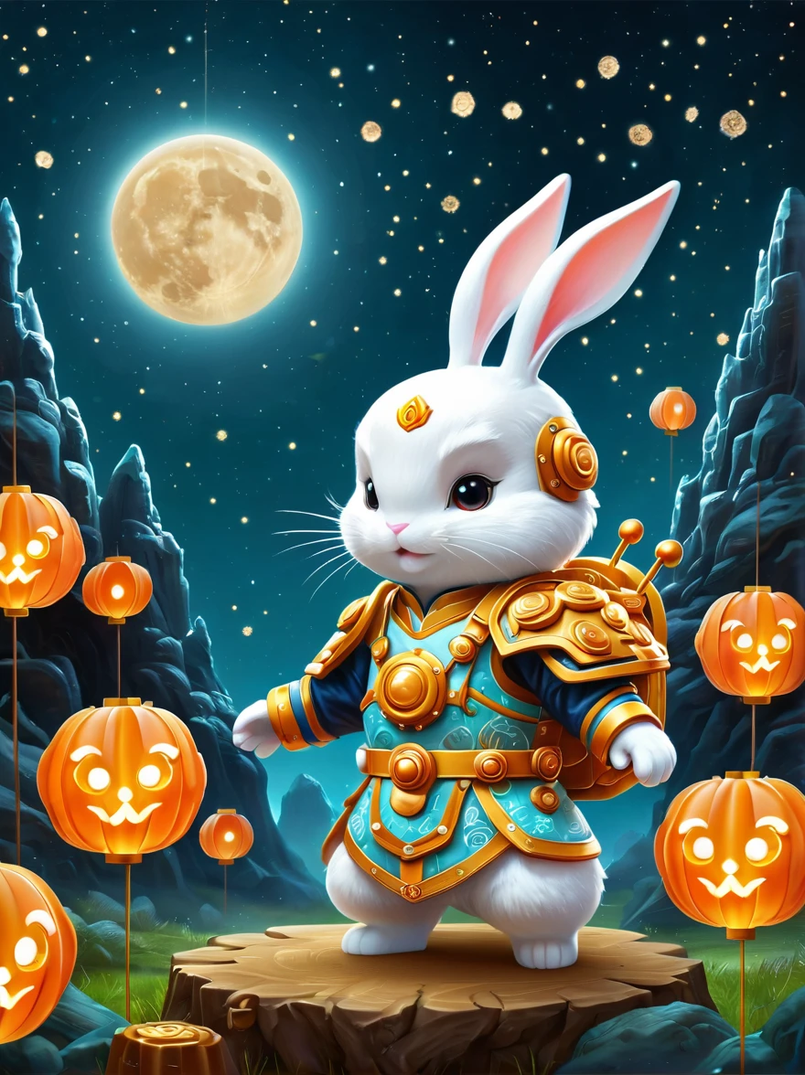 Create a Mid-Autumn Festival poster with a futuristic sci-fi mechanical fantasy，(By Mooncake，Cute mechanical white rabbitBREAK The mechanical Chang&#39;e in Guanghan Palace:1.6)，(Dotted with osmanthus and osmanthus)，嫦娥有长长的White hair，blue eyes，The body is silver，Wearing a white Hanfu dress,A blue belt is tied around the waist，Standing in a futuristic Mid-Autumn Festival background，The background is blue，There are blue lights on her and in the background，There&#39;s an energy field around her.，This image is very detailed and realistic，((girl，iHanfu Mecha))，Broken armor，Mechanical Halo，Robotic Arm，White hair，Long hair，Ceramic body，Thigh gap，Network Background，Extremely detailed city，(Translucent body)，(Reflective Skin)，8k，Best quality，Ultra Detailed，(Surrealism:1.4), [colorful explosion psychedelic paint colors:1.21], (sharp:0.7), amazing fine detail, Nikon D850 film stock photograph Kodak Portra 400 camera f1.6 lens, rich colors, lifelike
