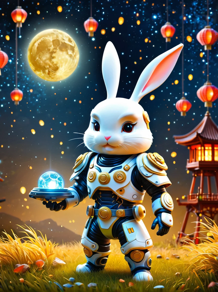 Create a Mid-Autumn Festival poster with a futuristic sci-fi mechanical fantasy，(By Mooncake，Cute mechanical white rabbitBREAK The mechanical Chang&#39;e in Guanghan Palace:1.6)，(Dotted with osmanthus and osmanthus)，嫦娥有长长的White hair，blue eyes，The body is silver，Wearing a white Hanfu dress,A blue belt is tied around the waist，Standing in a futuristic Mid-Autumn Festival background，The background is blue，There are blue lights on her and in the background，There&#39;s an energy field around her.，This image is very detailed and realistic，((girl，iHanfu Mecha))，Broken armor，Mechanical Halo，Robotic Arm，White hair，Long hair，Ceramic body，Thigh gap，Network Background，Extremely detailed city，(Translucent body)，(Reflective Skin)，8k，Best quality，Ultra Detailed，(Surrealism:1.4), [colorful explosion psychedelic paint colors:1.21], (sharp:0.7), amazing fine detail, Nikon D850 film stock photograph Kodak Portra 400 camera f1.6 lens, rich colors, lifelike
