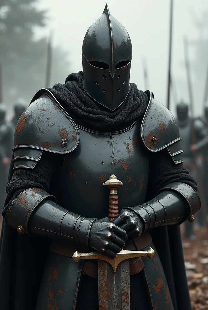 A medieval knight with black armor his helmet has a narrow visor with 5 small holes in the helmet,the knight is dirty with blood and mud supporting a large sword on the ground with both hands after a battle with 3 small arrows in his armor 