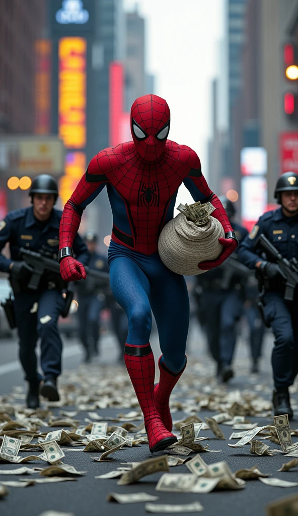 Make a picture in which Spiderman is running away with a lot of money and the money is scattered everywhere and the police has surrounded him from all sides 