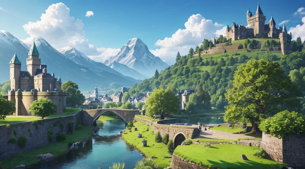 "A grand and majestic depiction of Hyrule Kingdom from The Legend of Zelda. The landscape is dominated by a sprawling, ancient castle with towering spires and elegant architecture, nestled in a lush valley surrounded by rolling hills and dense forests. The castle is built from grey stone, with intricate carvings and banners fluttering in the breeze, showcasing the Triforce symbol. In the foreground, a serene and picturesque village with quaint houses and cobblestone streets lies at the base of the castle, bustling with activity. The backdrop features majestic mountains with snow-capped peaks, partially shrouded in mist, and a clear, expansive sky with soft clouds. A winding river flows gently through the land, reflecting the vibrant greens of the fields and the bright blue of the sky. The overall atmosphere is one of timeless beauty and tranquility, with a sense of ancient magic and noble heritage permeating the landscape."