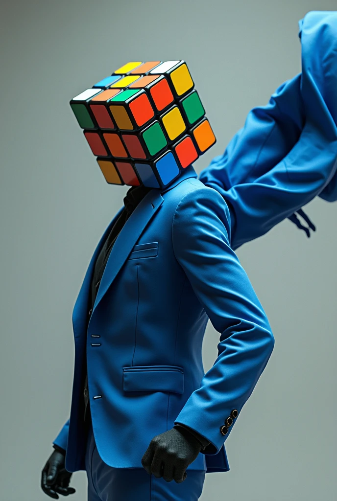 Create a character with a Rubik's cube head with no facial features above it should say" SR JUANCHIS" He wears a blue suit, It's a jacket and pants that is being thrown as an attack