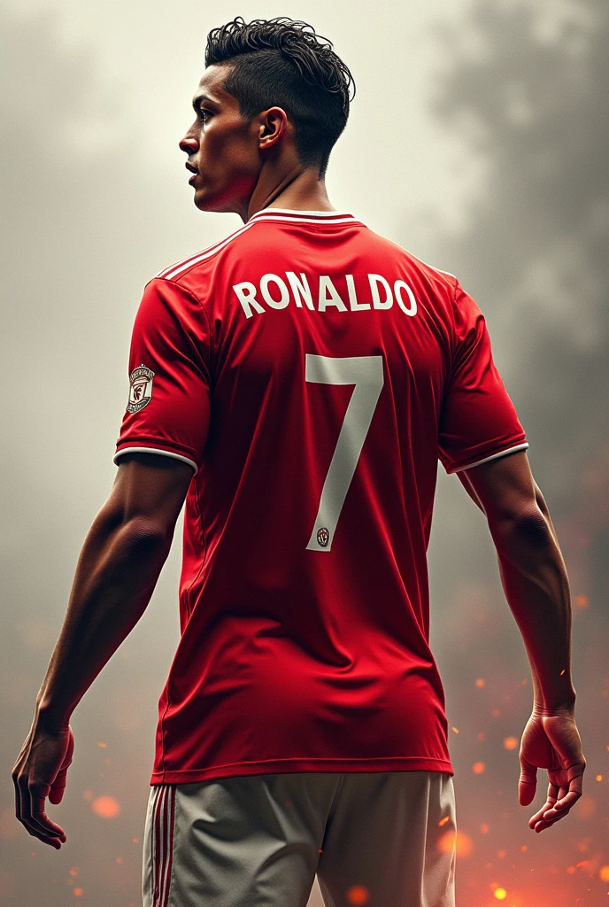 Create an image of the footballer Cristiano Ronaldo, with the Manchester United shirt, that has the name Victor Manuel CR and has the number 7