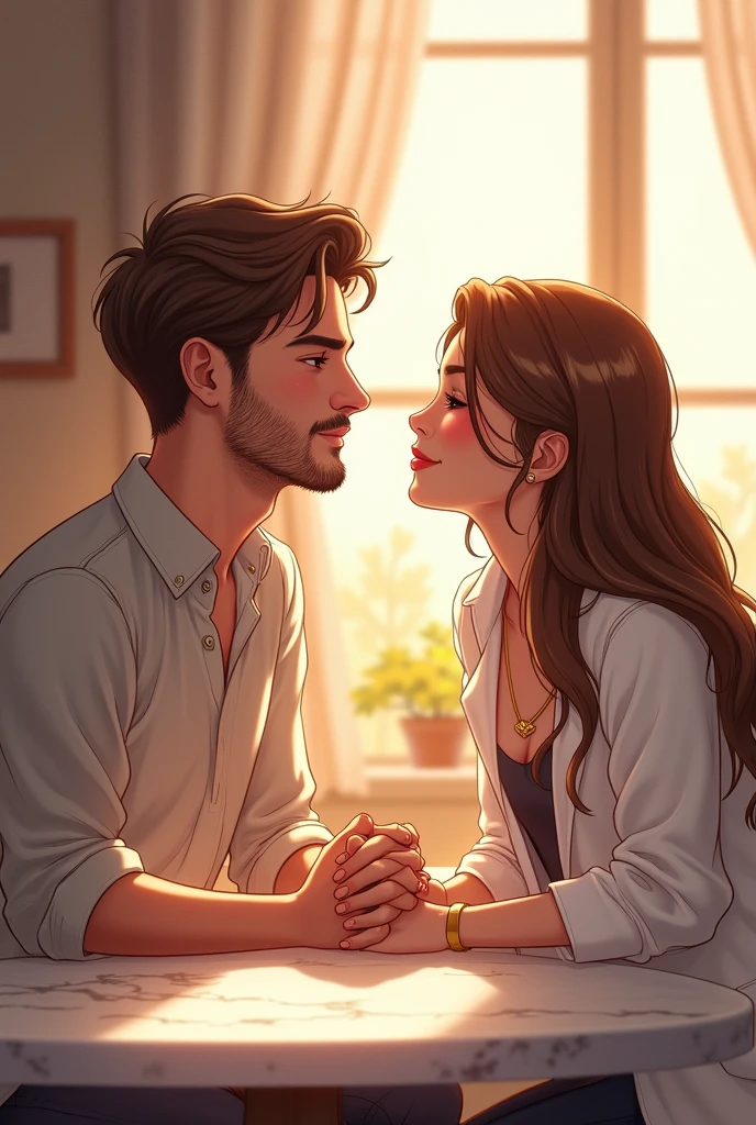 "Draw a couple sitting in a cozy environment, exchanging affectionate glances. The man must have short hair and a thin beard, wearing a casual shirt. The woman, with long, wavy hair, must be wearing a white coat and looking at the man with a loving smile. They are holding hands on a marble table. The scene should be romantic and intimate, with soft tones and soft light coming through the windows in the background. The drawing style should emphasize the emotional connection between the two, with subtle details that enhance the expression of affection and love."