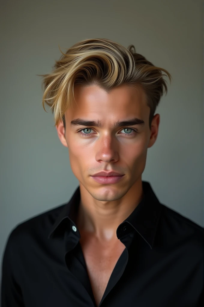 young blonde man, grey eyes hair combed back masculine and very attractive with black shirt.