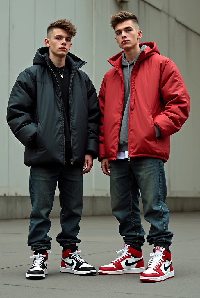 Two teenage boys both wearing Nike Jordans 1 with different colors. The Jordans should be clearly visible and original in the picture. Both have their hair styled and the sides at zero. Both boys are German and can be seen completely in the picture. The picture must be realistically photogenic.