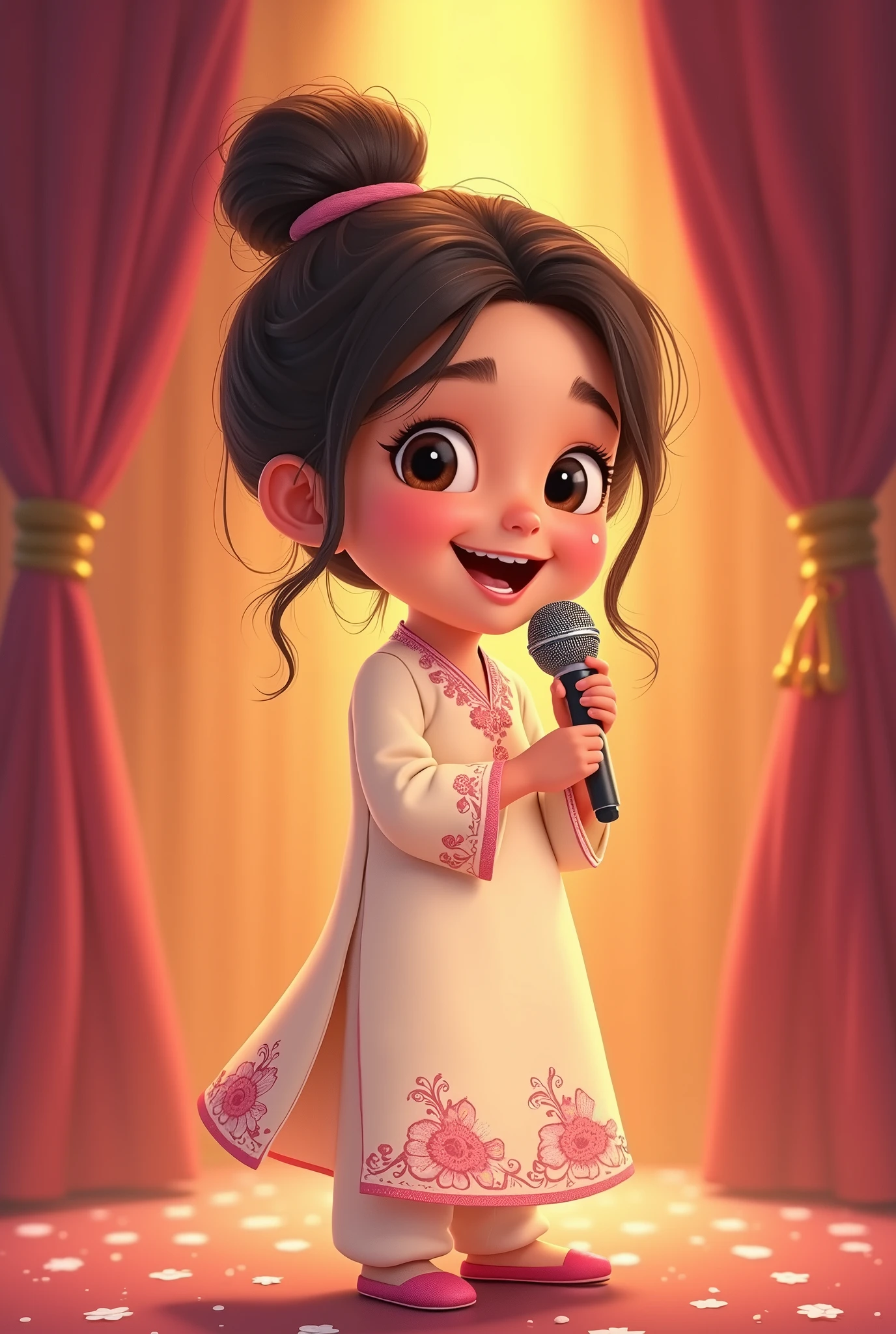 Lily, (highest quality, 4k, masterpiece:1.3), A young Pakistani Muslim girl wearing a traditional cream shalwar kameez with pink floral embroidery. Her hair is styled in a neat bun with loose strands framing her face, as seen in previous images. She leans forward slightly, holding the microphone close to her mouth as if whispering a secret, smiling playfully. The image is in a 2D animation style, with bright colors, cartoonish features, and soft, smooth shading. The background shows soft curtains, warm stage lighting, and a playful, joyful atmosphere. Clear outlines, simple textures, and an illustrated, digital painting look. (Cream shalwar kameez, pink floral embroidery, consistent outfit:1.3), (same hairstyle as before:1.3), (microphone in hand:1.3), (microphone always visible:1.3)