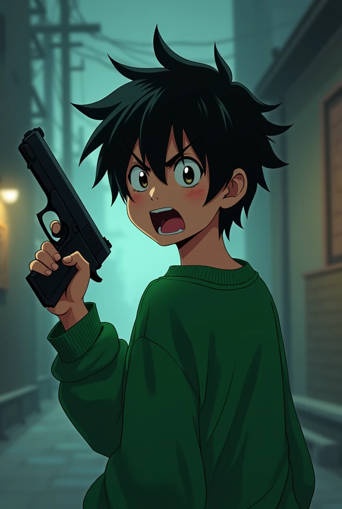A young anime character with a green sweatshirt angry from behind and with one hand holding a gun 