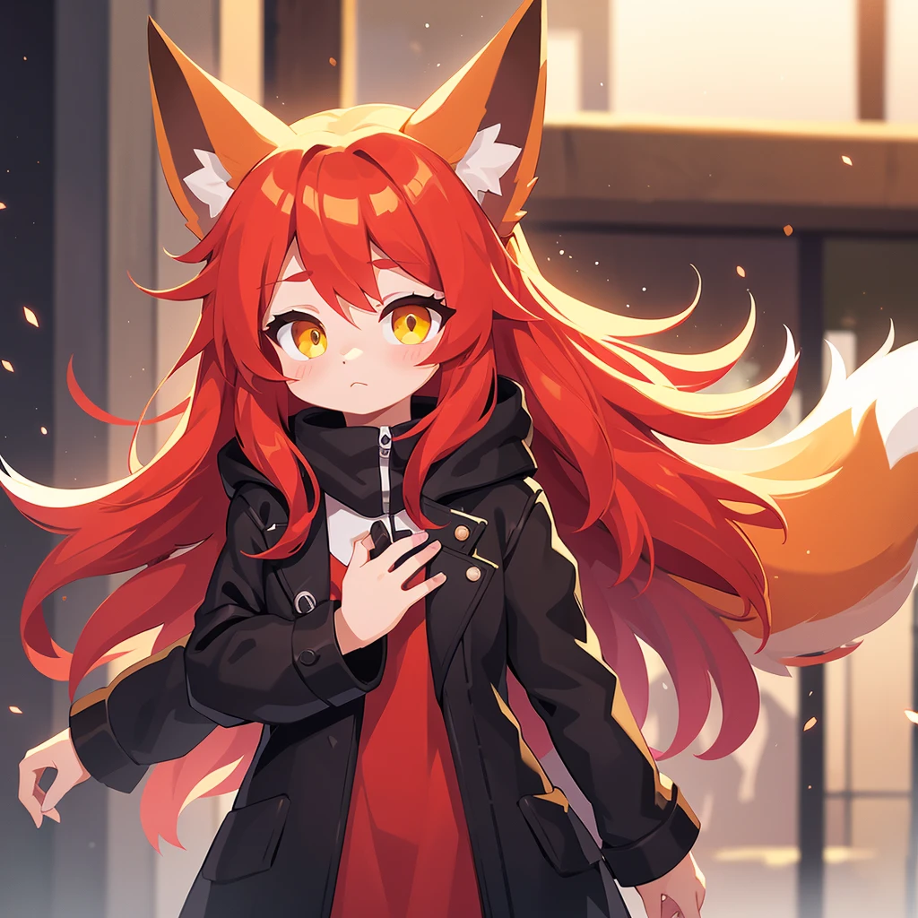 1girl, red hair, long hair, fox ears, heterochromia, yellow eye, green eye, vertical pupil, leather coat, fox tail, tired face, detailed, best quality, masterpiece