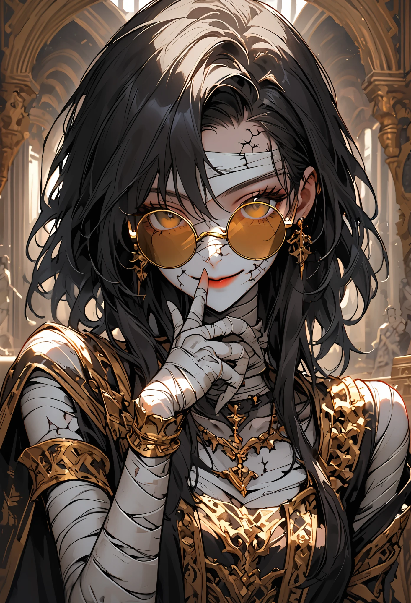 solo, female, mummified, tan skin, long black hair, bandaged body:1.2, tiny sunglasses, circular frame sunglasses, gold frame sunglasses, bandaged_arms:1.6, bandaged_torso:1.2, bandaged_neck:1, bandaged_head:1.2, ancient, SFW, sunglasses_on_nose:1.2, smile, face, bandaged_shoulders, pose