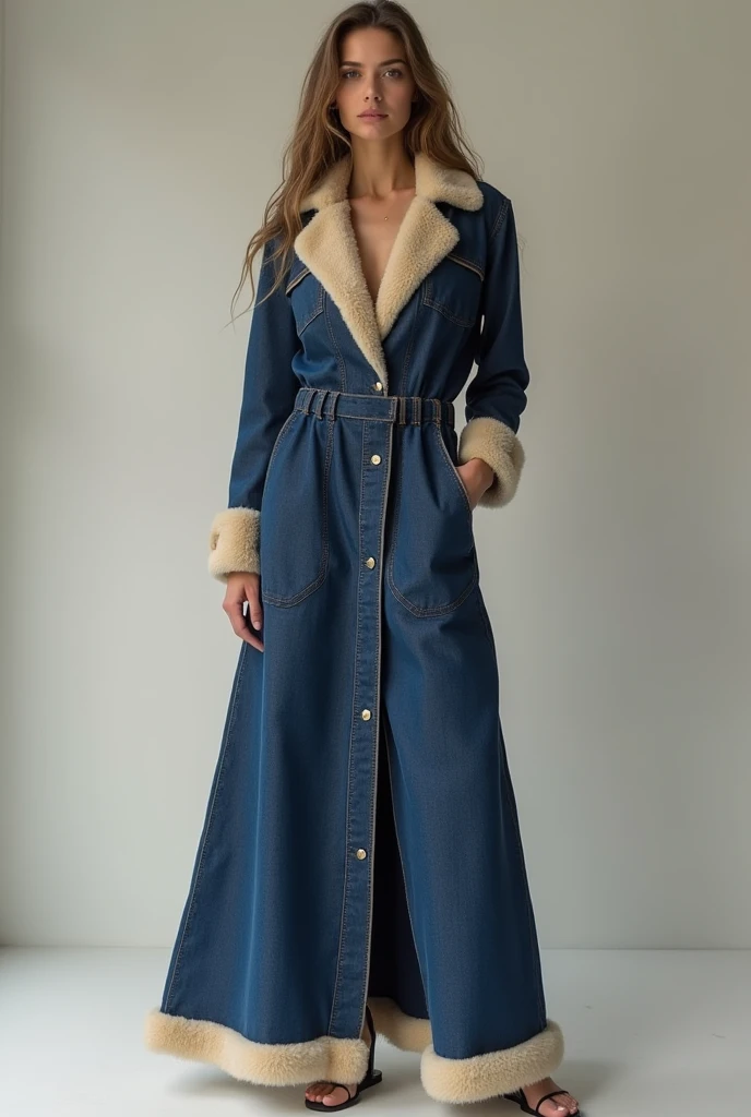 European woman model wearing long denim jumpsuit with sheepskin details. Show all noodles.