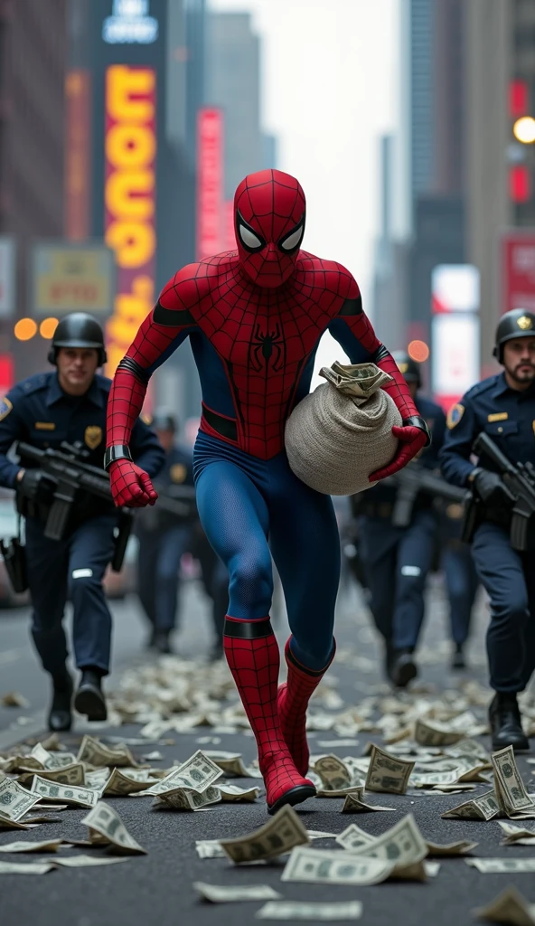Make a picture in which Spiderman is running away with a lot of money and the money is scattered everywhere and the police has surrounded him from all sides 