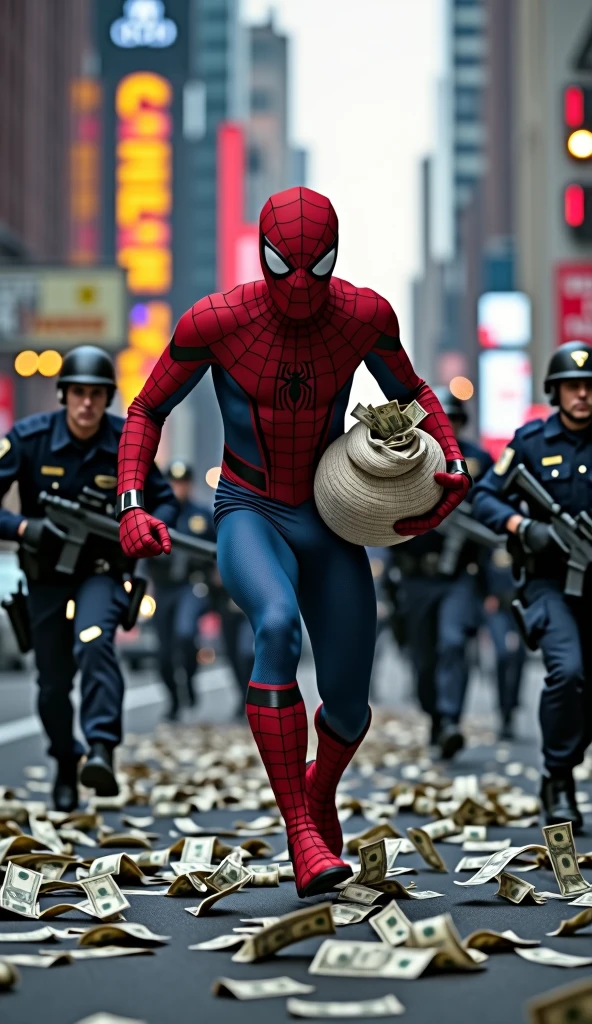 Make a picture in which Spiderman is running away with a lot of money and the money is scattered everywhere and the police has surrounded him from all sides 