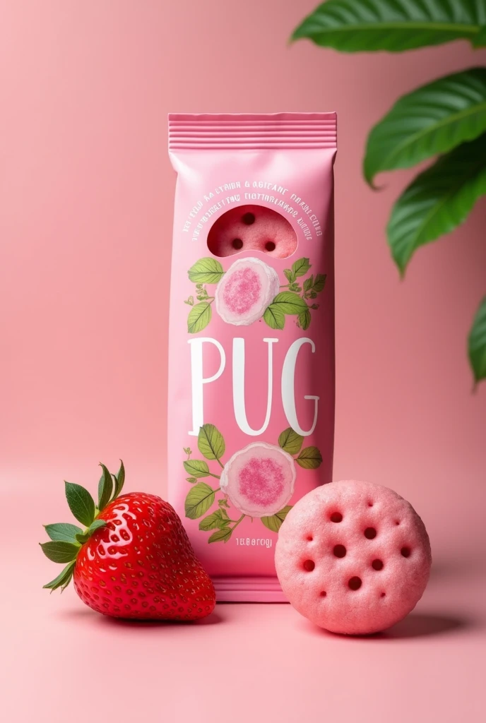 A long, thin pink cookie package, a 10 cm long, thin package, a horizontal package with white letters with a green border, the letters say puig, it has a strawberry next to it
