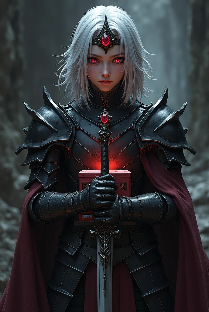 Young man in black armor, shoulder length silver hair, red eyes, a crown of rubies that reaches to his forehead and a sword, with red box