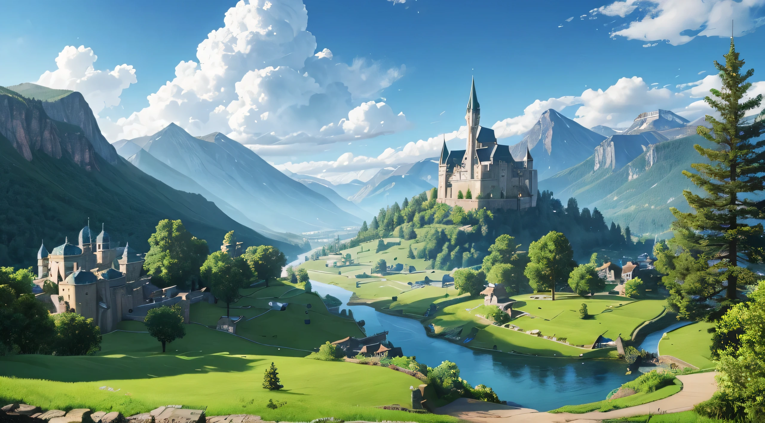 "A grand and majestic depiction of Hyrule Kingdom from The Legend of Zelda. The landscape is dominated by a sprawling, ancient castle with towering spires and elegant architecture, nestled in a lush valley surrounded by rolling hills and dense forests. The castle is built from grey stone, with intricate carvings and banners fluttering in the breeze, showcasing the Triforce symbol. In the foreground, a serene and picturesque village with quaint houses and cobblestone streets lies at the base of the castle, bustling with activity. The backdrop features majestic mountains with snow-capped peaks, partially shrouded in mist, and a clear, expansive sky with soft clouds. A winding river flows gently through the land, reflecting the vibrant greens of the fields and the bright blue of the sky. The overall atmosphere is one of timeless beauty and tranquility, with a sense of ancient magic and noble heritage permeating the landscape."