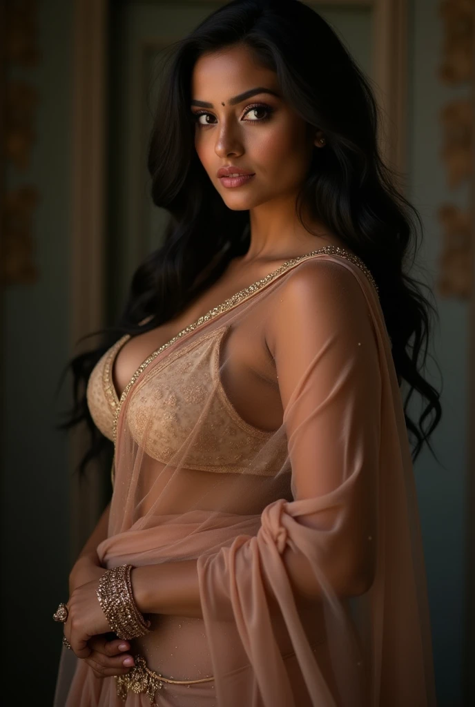 Sexy indian women, woman with long hair perfect body, 68kg body size, big breasts, big hips, big ass, front pose, wearing long skirt and short blouse detailed. 